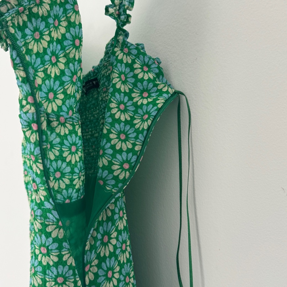 Zara Green Floral Daisy Ruffled Strap Summer Cottagecore Mini Dress S - Picture 4 of 9